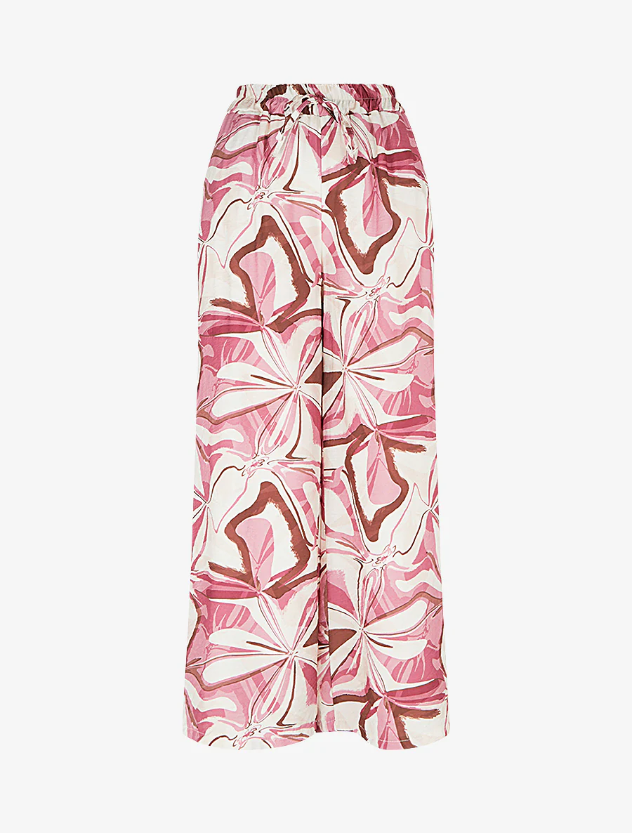Abstracte bedrukte broek met elastische hoge taille - Roos