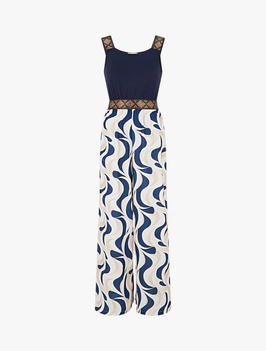 Abstracte print jumpsuit met glinsterende bandjes - Marine