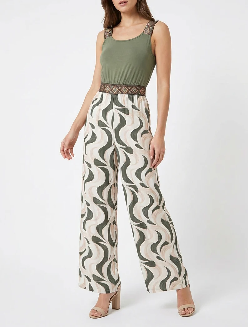 Abstracte print jumpsuit met glinsterende bandjes - Kaki - Image 4