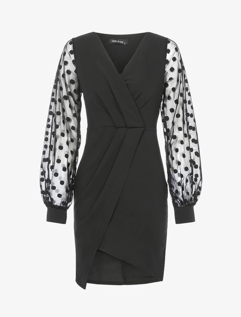 Asymmetrische jurk met tule mouwen - Zwart