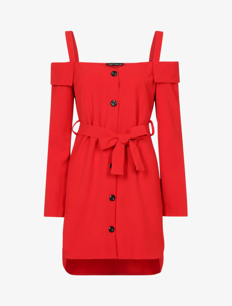 Asymmetrische off-shoulder jurk met revers - Rood