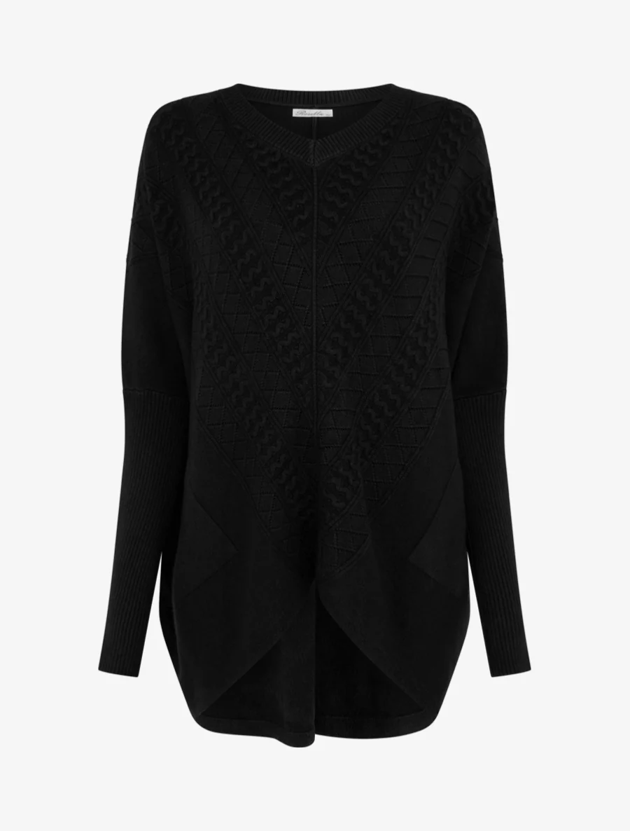 Asymmetrische poncho met lange mouwen en zakken - Zwart