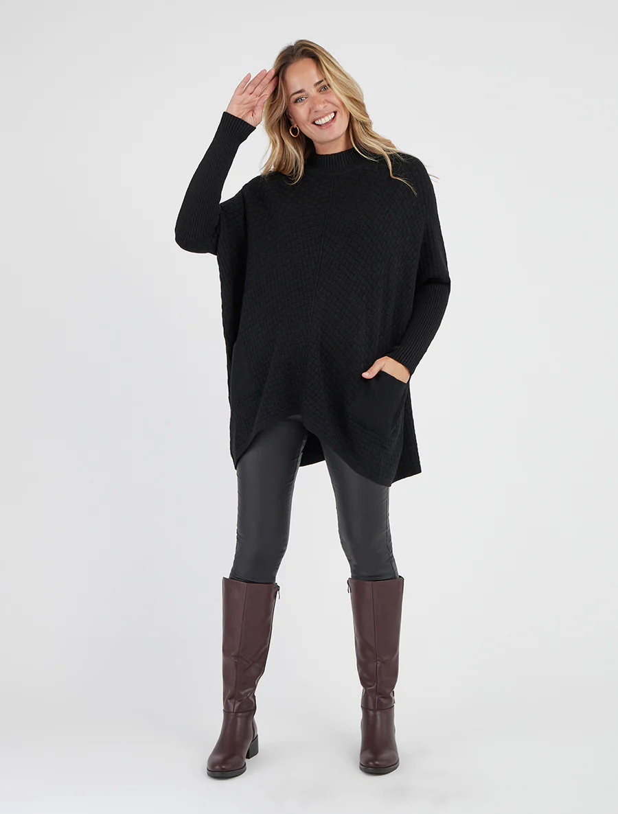 Asymmetrische poncho met opstaande kraag - Zwart - Image 5