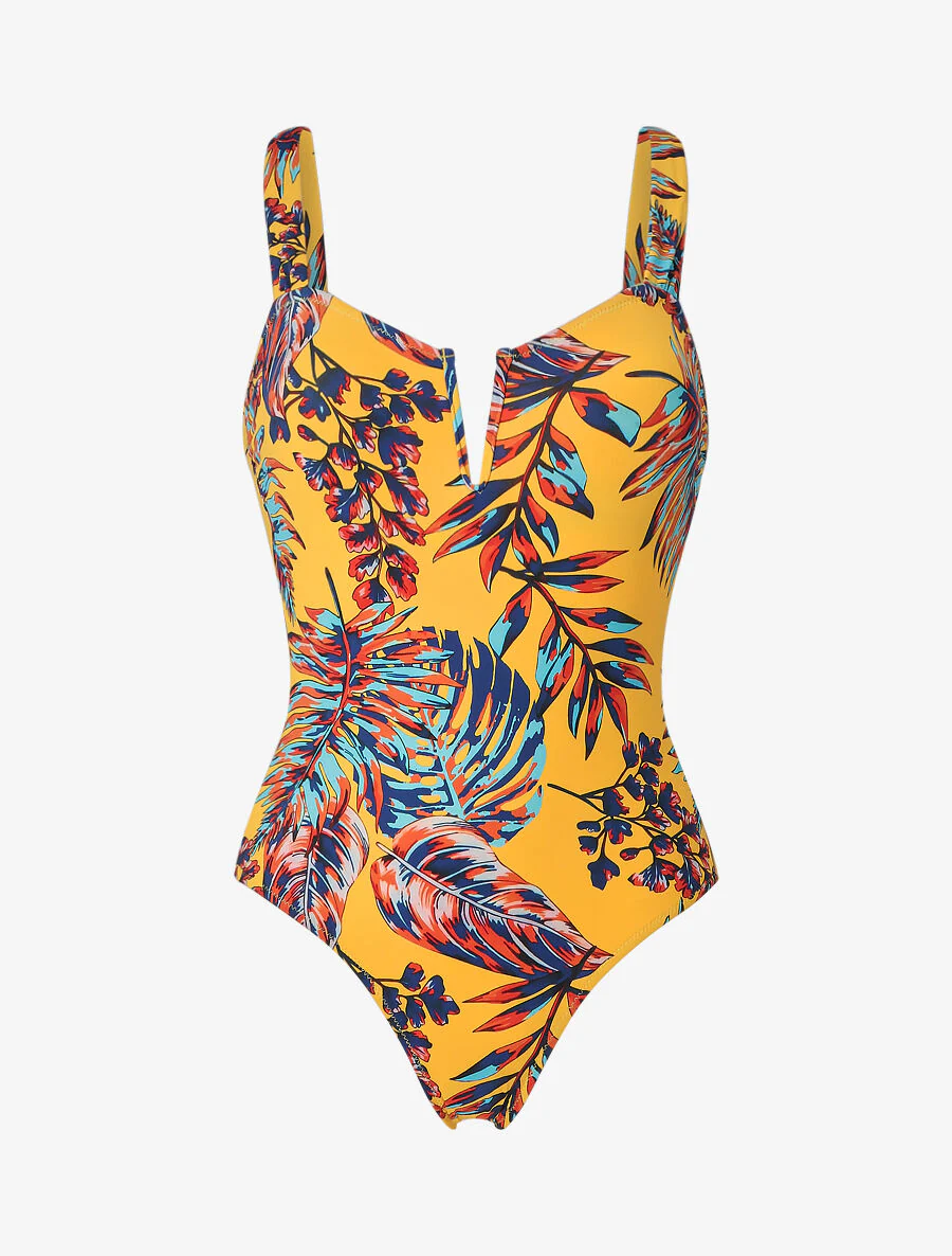 Badpak met tropische plantenprint - Geel