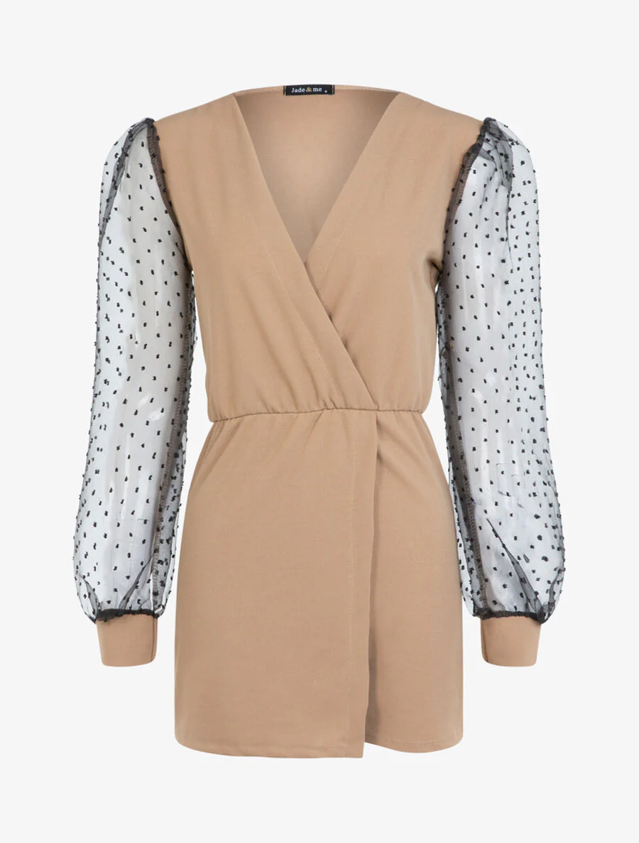 Ballonmouwen jumpsuit met opengewerkt patroon - Licht kameel