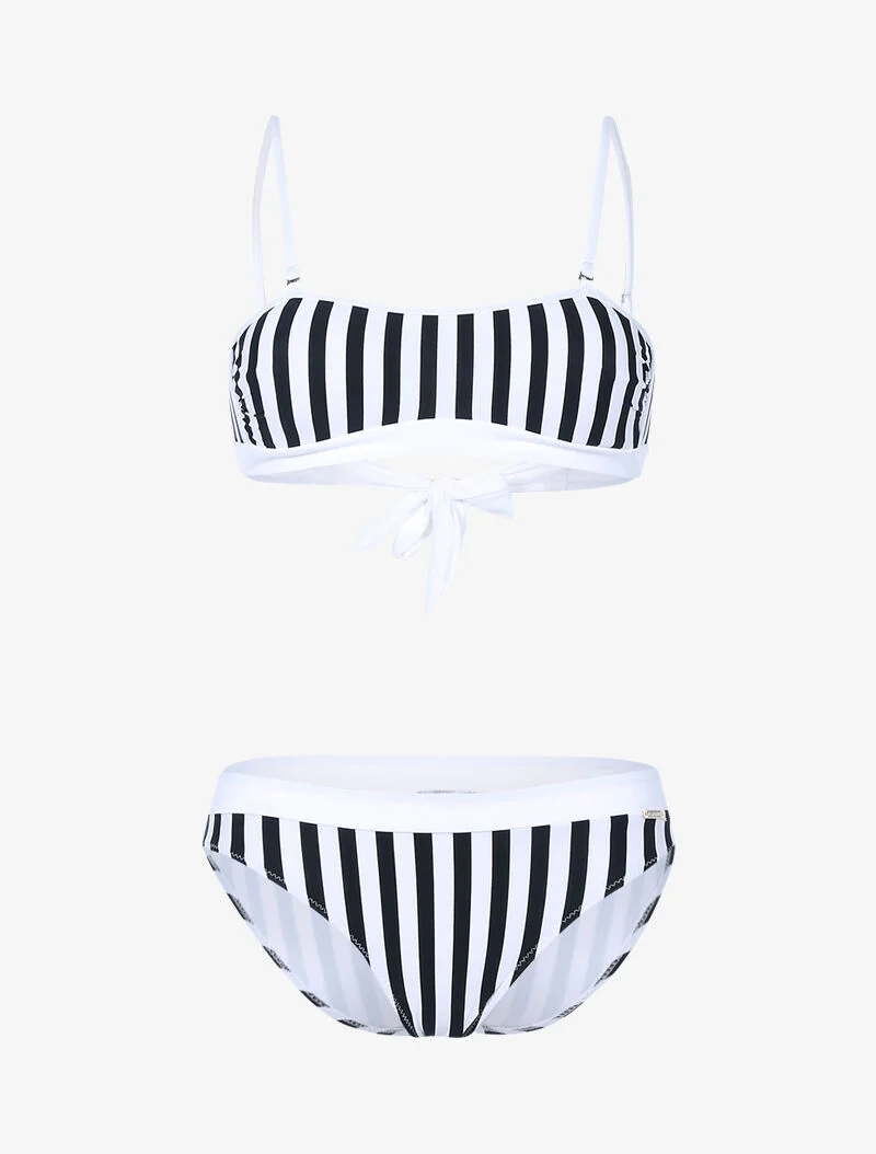 Bandeau bikini met marinière print - zwart/wit