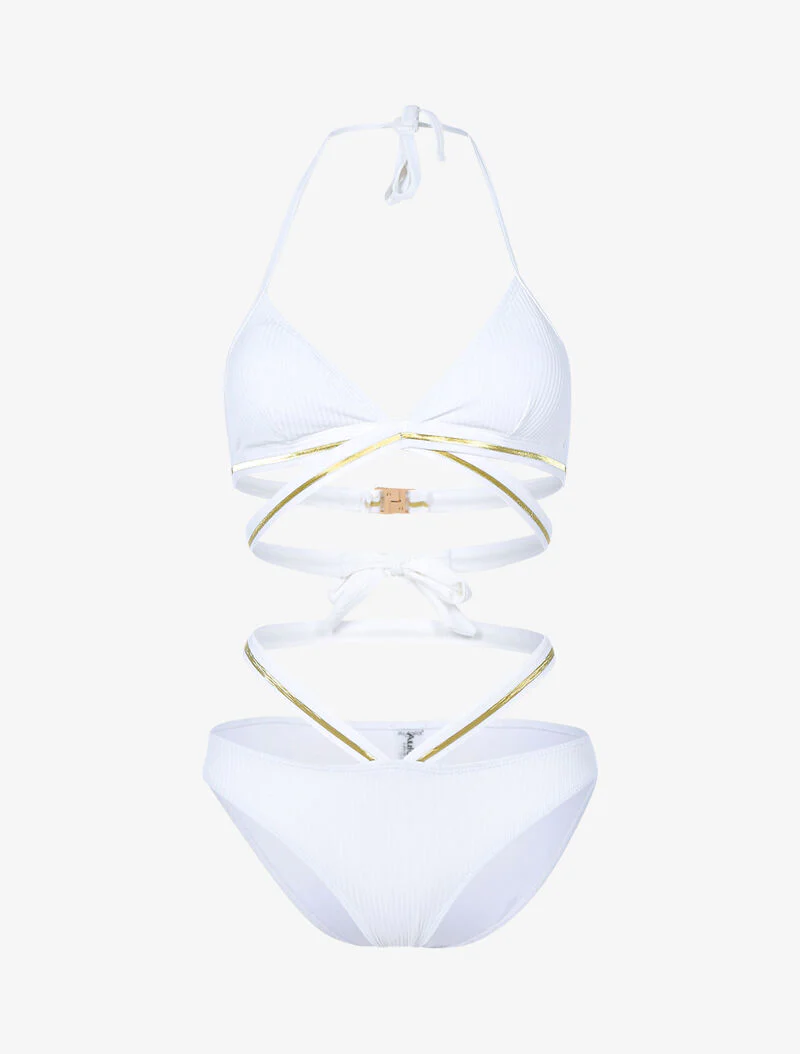 Geribde bikini met gouden banden - wit