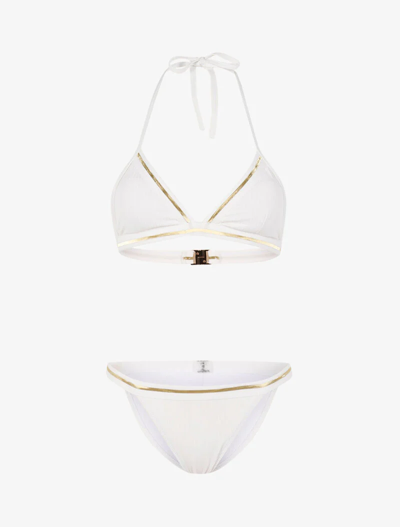 Geribbelde bikini met gouden biezen - ecru/goud