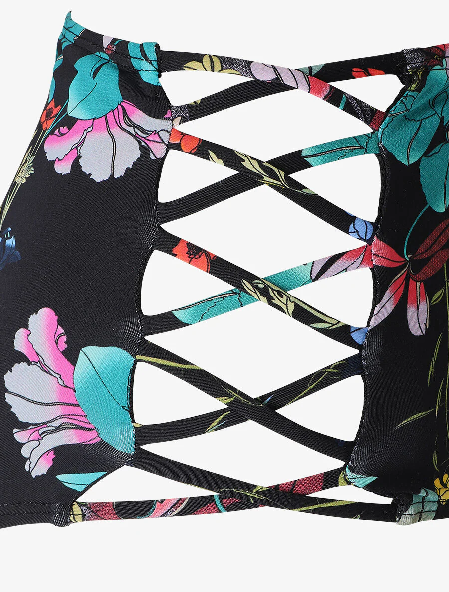 Bloemen bikini met ruches - Zwart - Image 3
