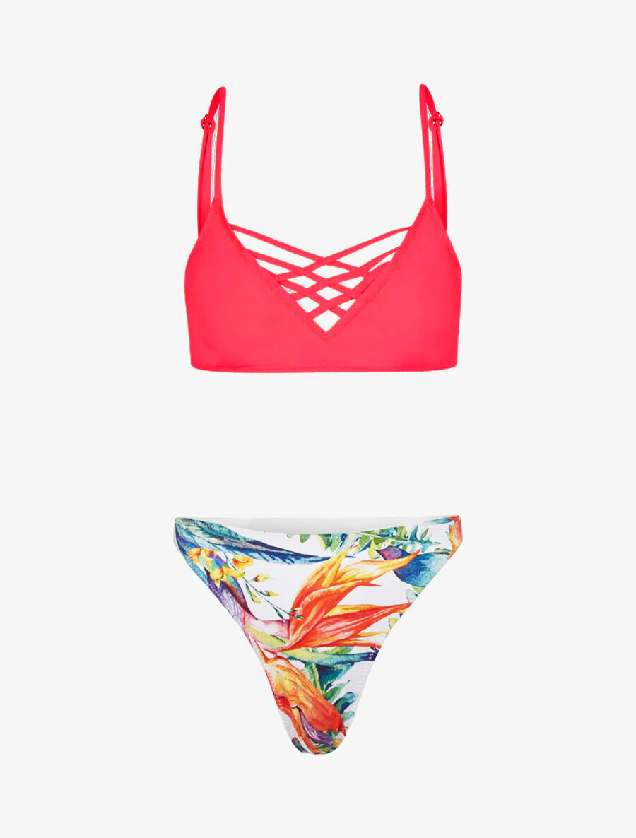 Ongelijk bikini met bloemenprint - Fluor roze