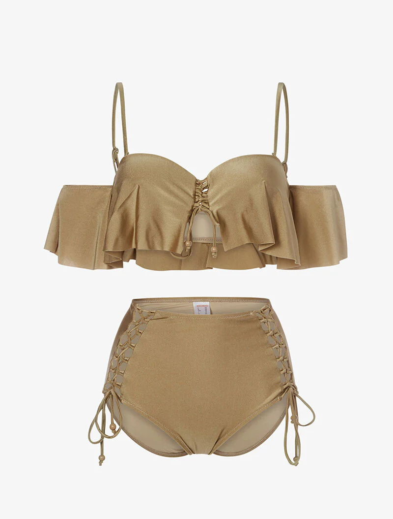 Ruches bikini en hoge taille - lichtbruin
