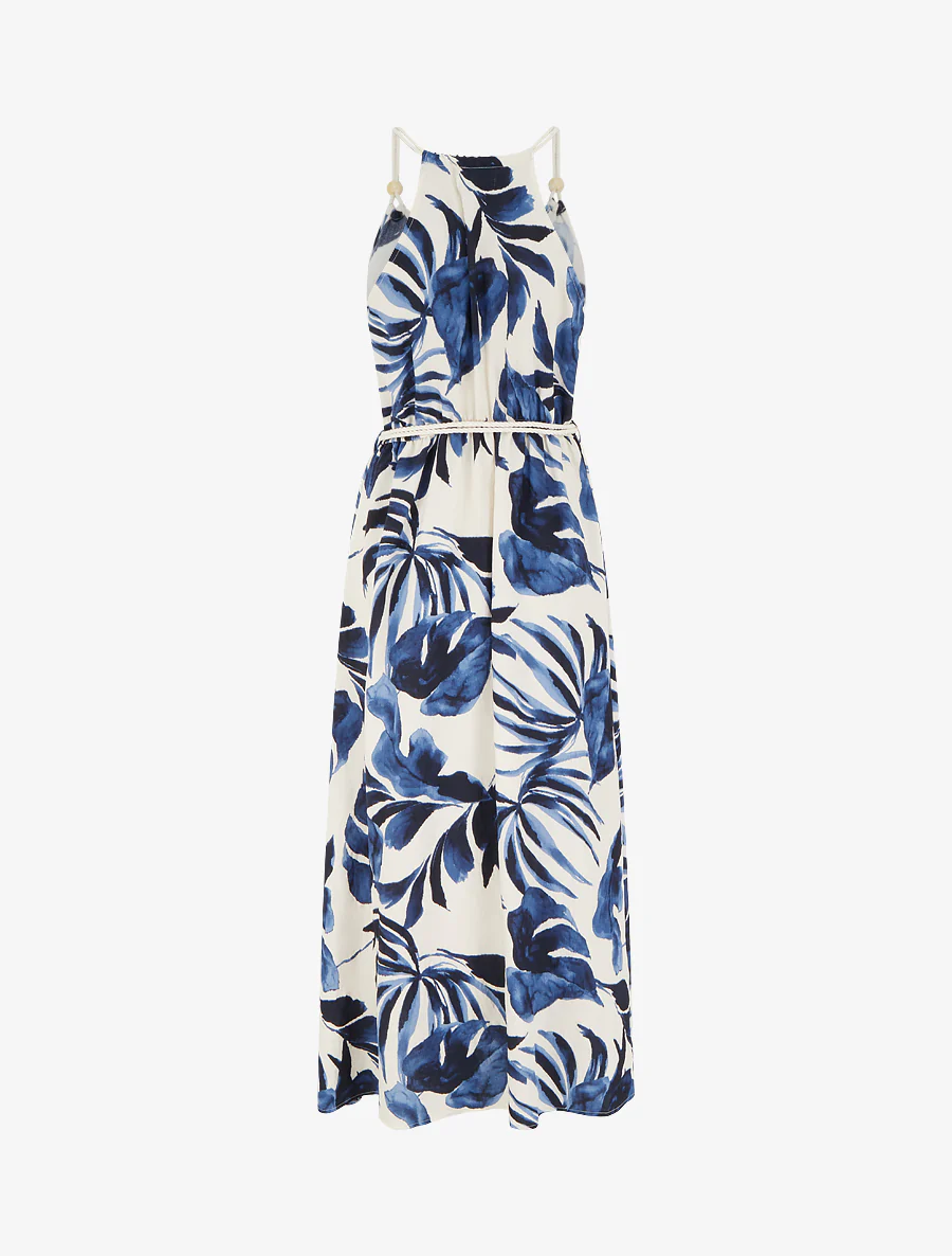 Bladerenprint jurk met koordbandjes - Marine - Image 3