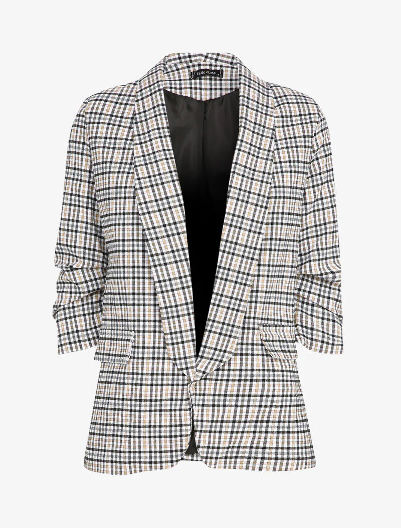 Geruite blazer met kleine ruitjes en 3/4 geplooide mouwen - Zwart/beige