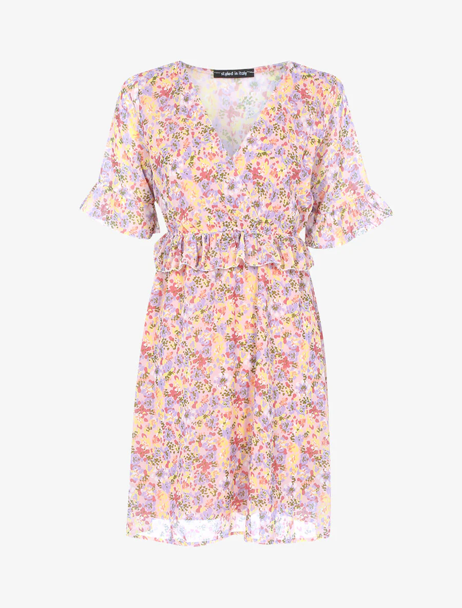 Bloemenjurk met gerimpelde taille - Roos