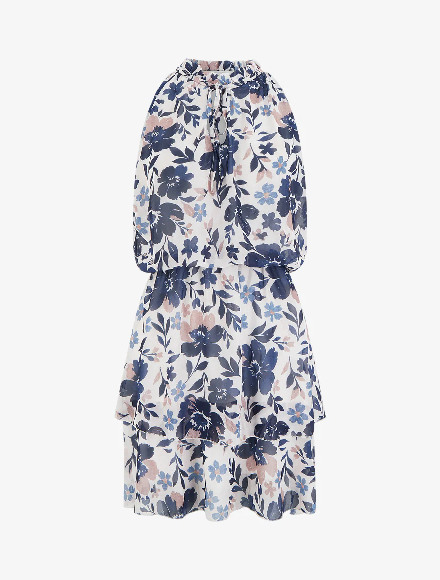 Bloemenprint jurk met elastische taille - Marine