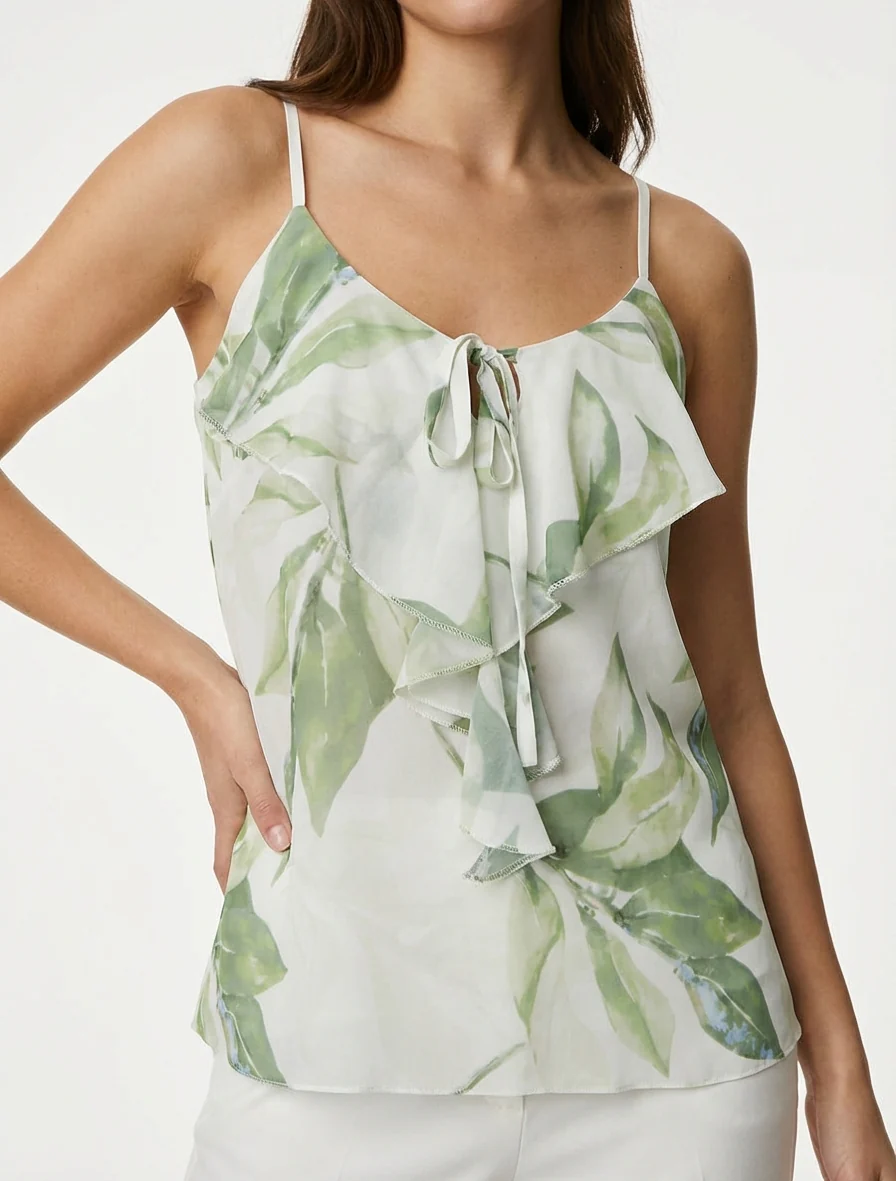 Bloemenprint top met V-hals en ruches. - Groen - Image 4