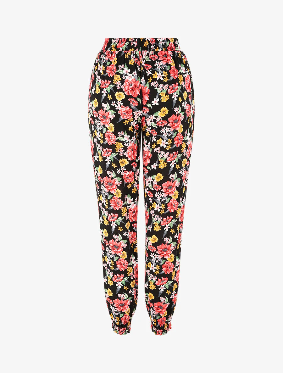 Bloemenprint voorjaar vloeiende broek met elastische randen - Zwart - Image 2