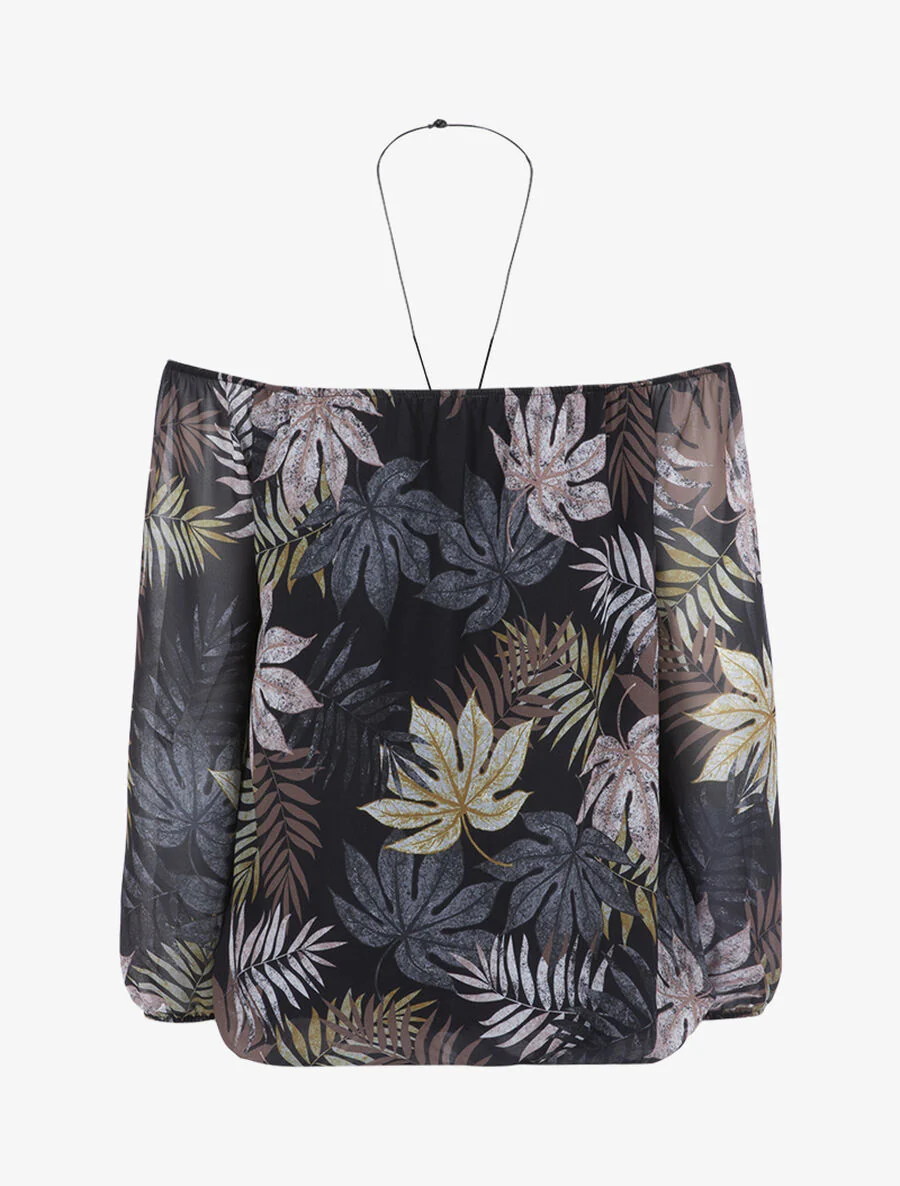 Blouse met bladerendessin en lange ketting - Zwart - Image 2