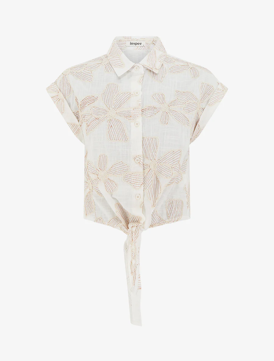 Blouse met bloemenborduursels om te knopen - Ecru