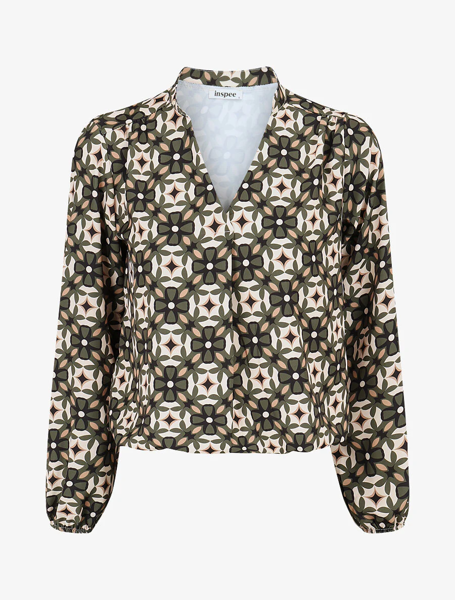 Blouse met grafische bloemenprint - Kakigroen