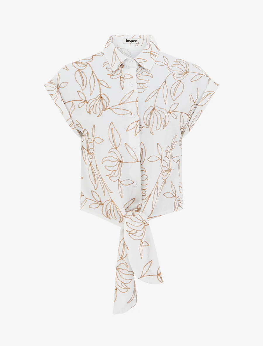 Blouse met knoop en plantenborduursels - Ecru