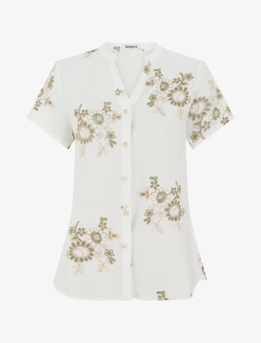 Blouse met korte mouwen en bloemenborduursels - Wit