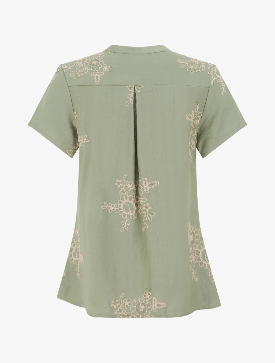 Blouse met korte mouwen en bloemenborduursels - Kaki - Image 2