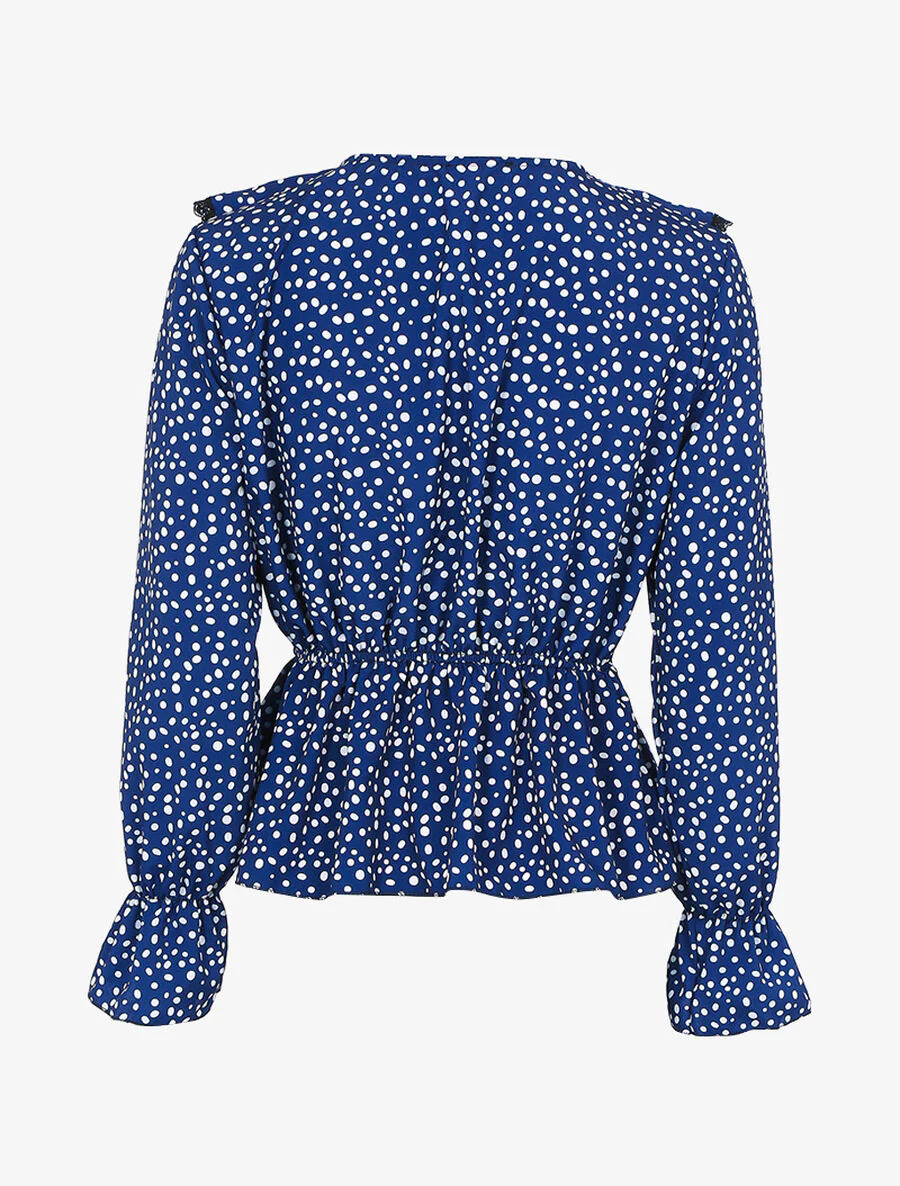 Blouse met stippenprint en jabot. - Nachtblauw - Image 2