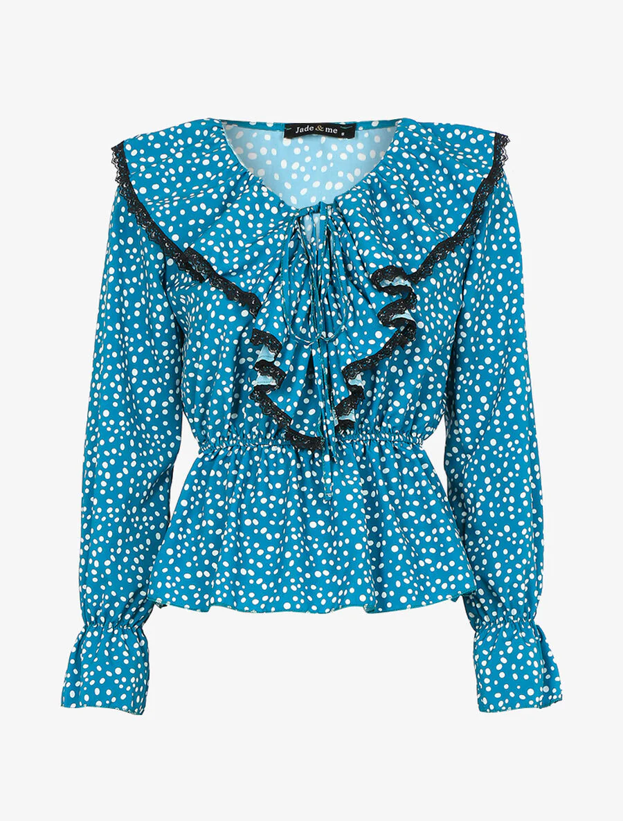 Blouse met stippenprint en jabot. - Turkoois