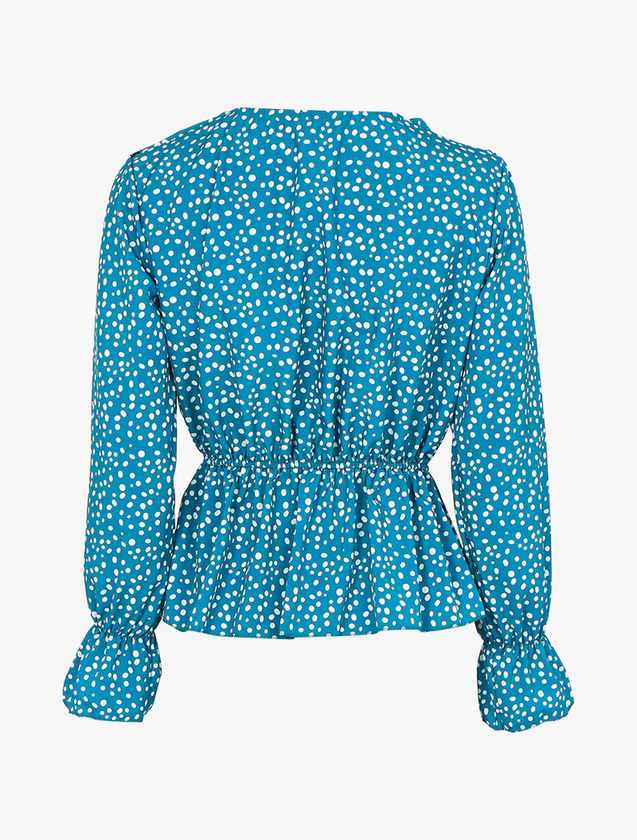 Blouse met stippenprint en jabot. - Turkoois - Image 2