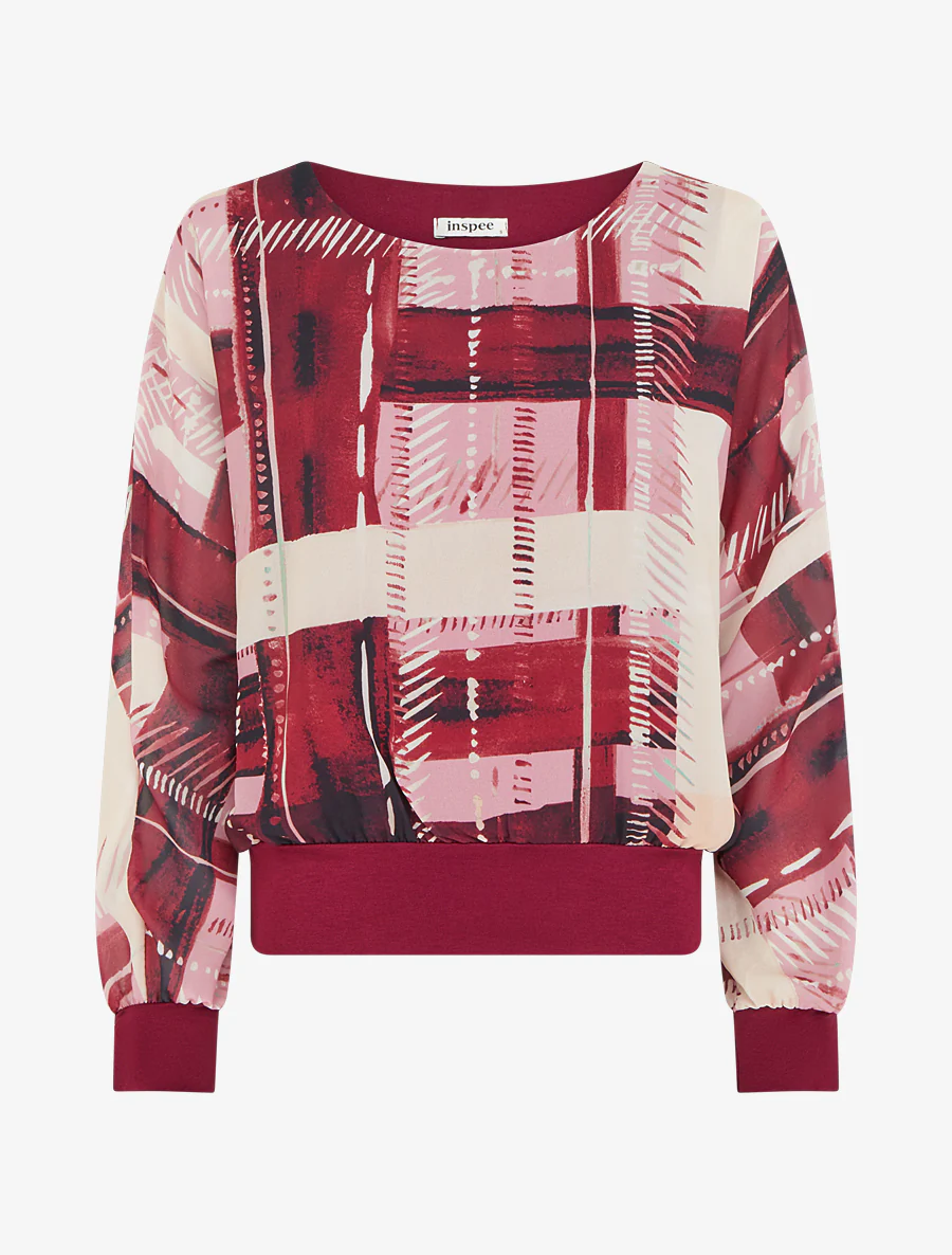 Blouse van voile met abstracte print - Wijnrood