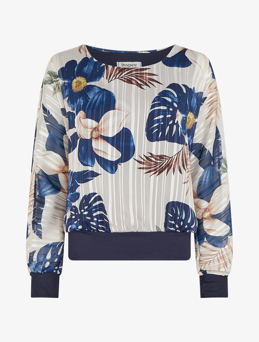 Blouse van voile met bladerprint en iriserend detail - Marine