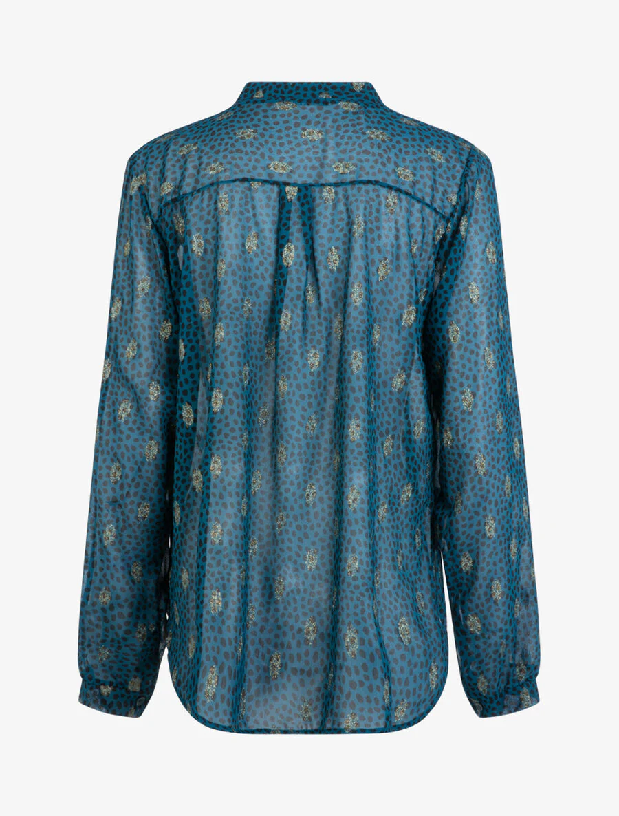 Blouse van voile met gespikkelde en bladerenprint. - Petrolblauw - Image 2