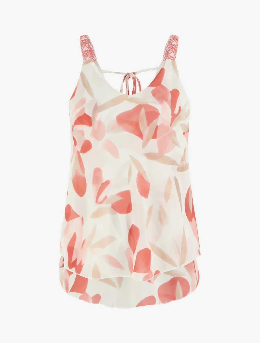 Blousetop met bladprint en geborduurde bandjes - Koraal