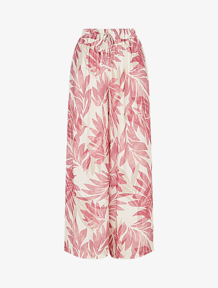 Broek met bladprint en elastische hoge taille - Roos