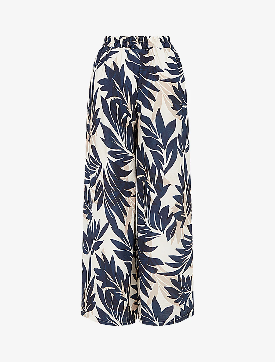 Broek met bladprint en elastische hoge taille - Marine - Image 2
