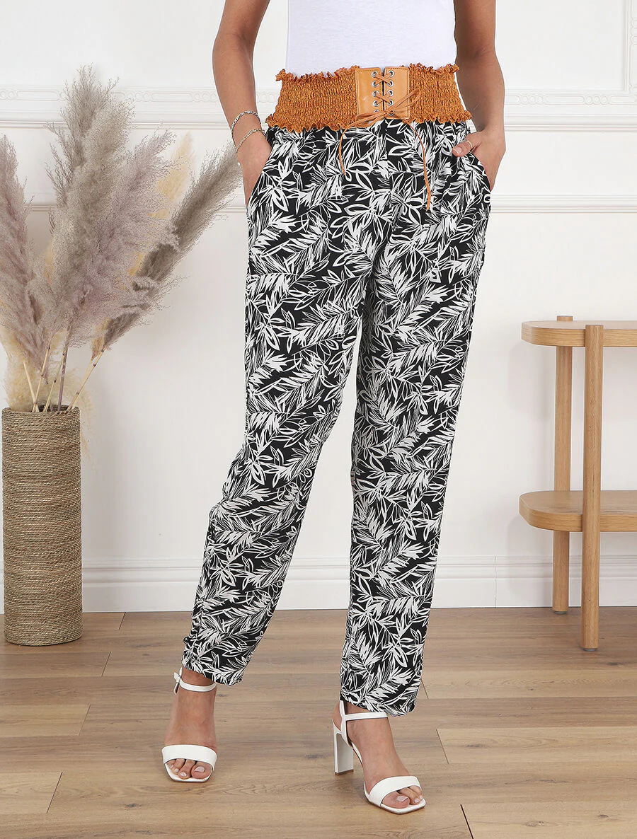 Broek met rechte pijpen en hoge taille met plantenprint - zwart - Image 4