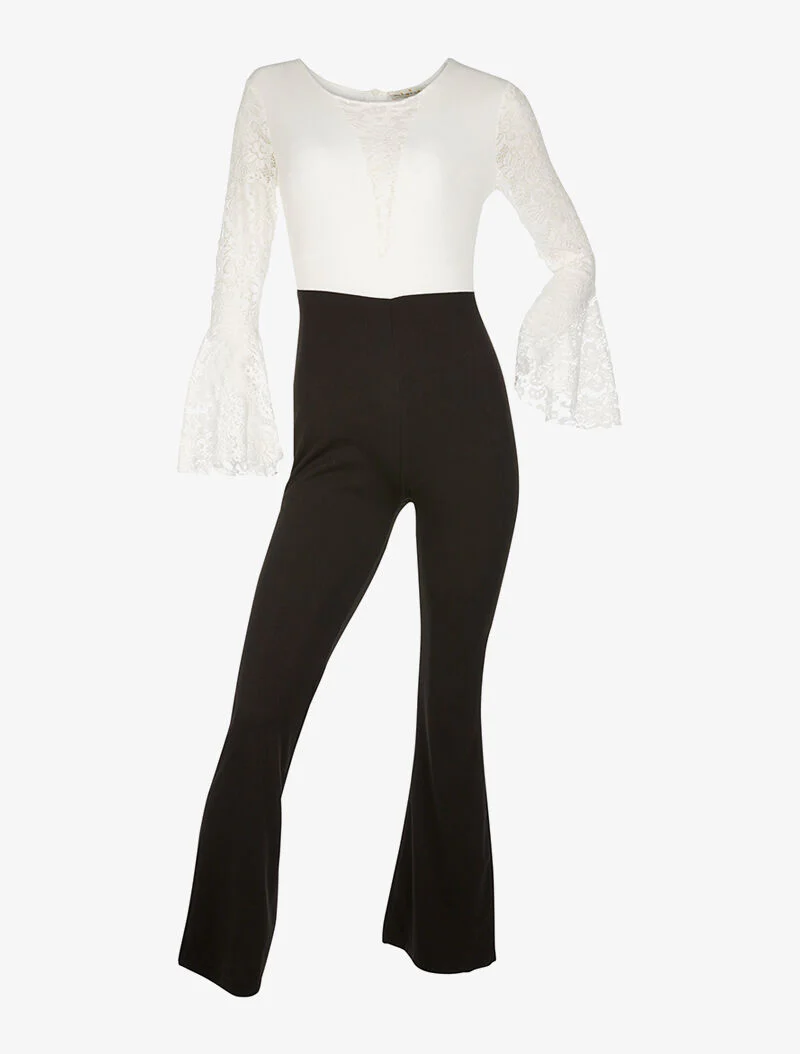 Flare jumpsuit met kant - zwart/wit