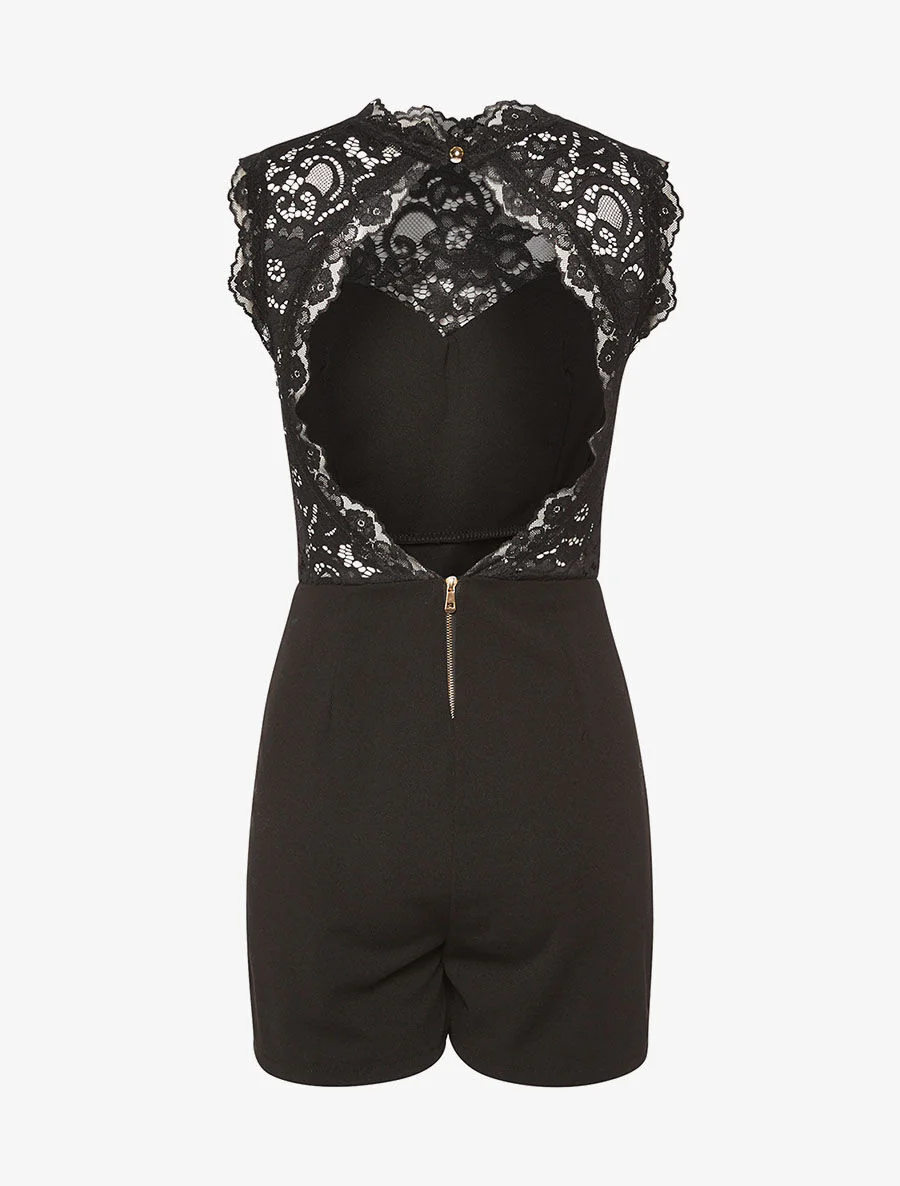 Korte jumpsuit met kanten buste en open rug - zwart - Image 2