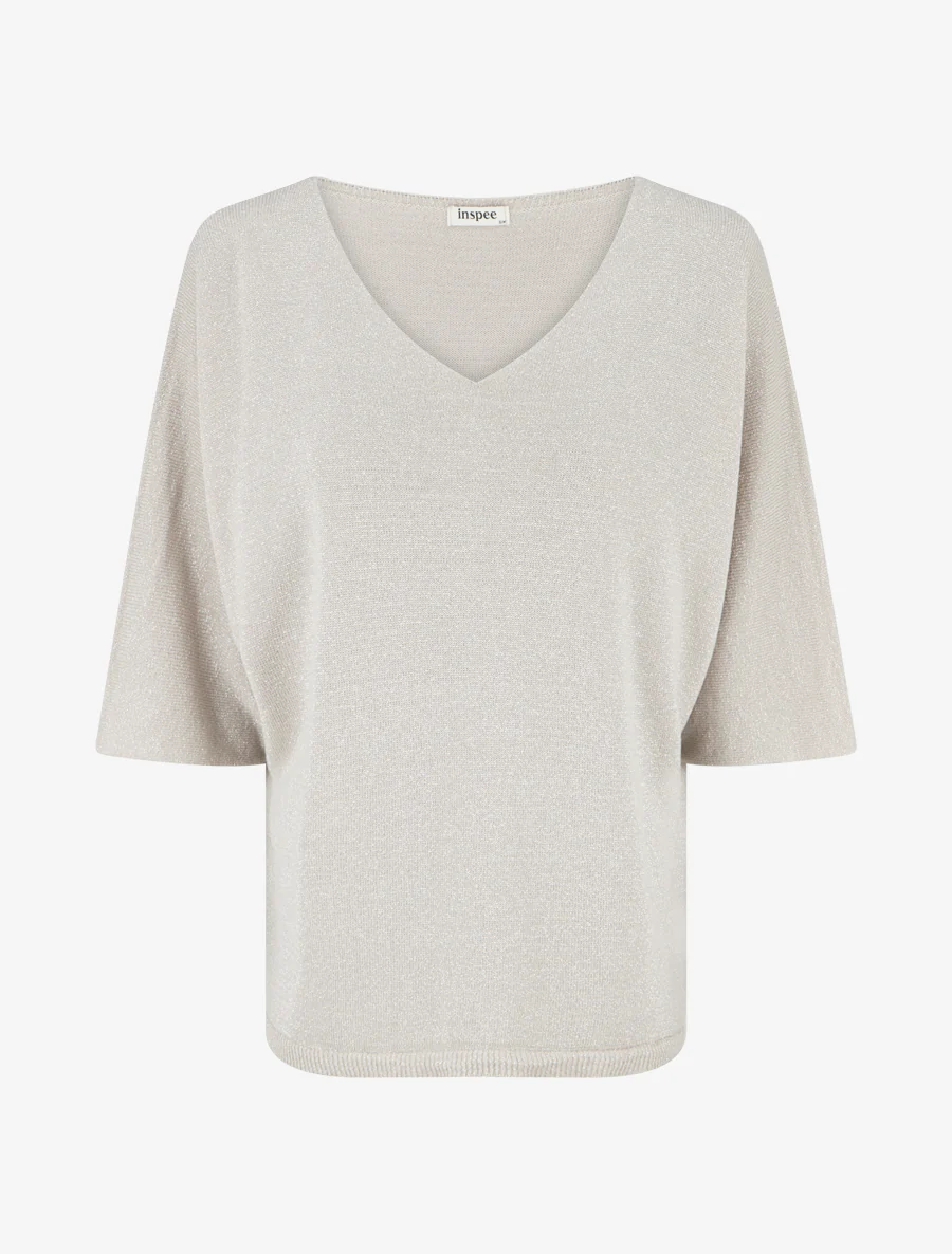 Dunne glinsterende trui met 3/4 mouwen - Beige