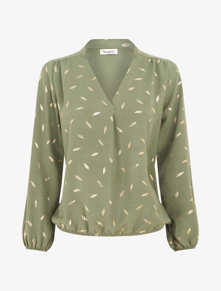 Effen blouse met iriserende veren - Kakigroen
