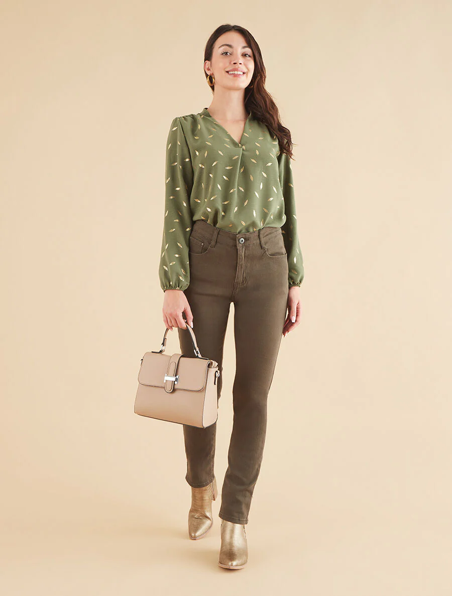 Effen blouse met iriserende veren - Kakigroen - Image 4