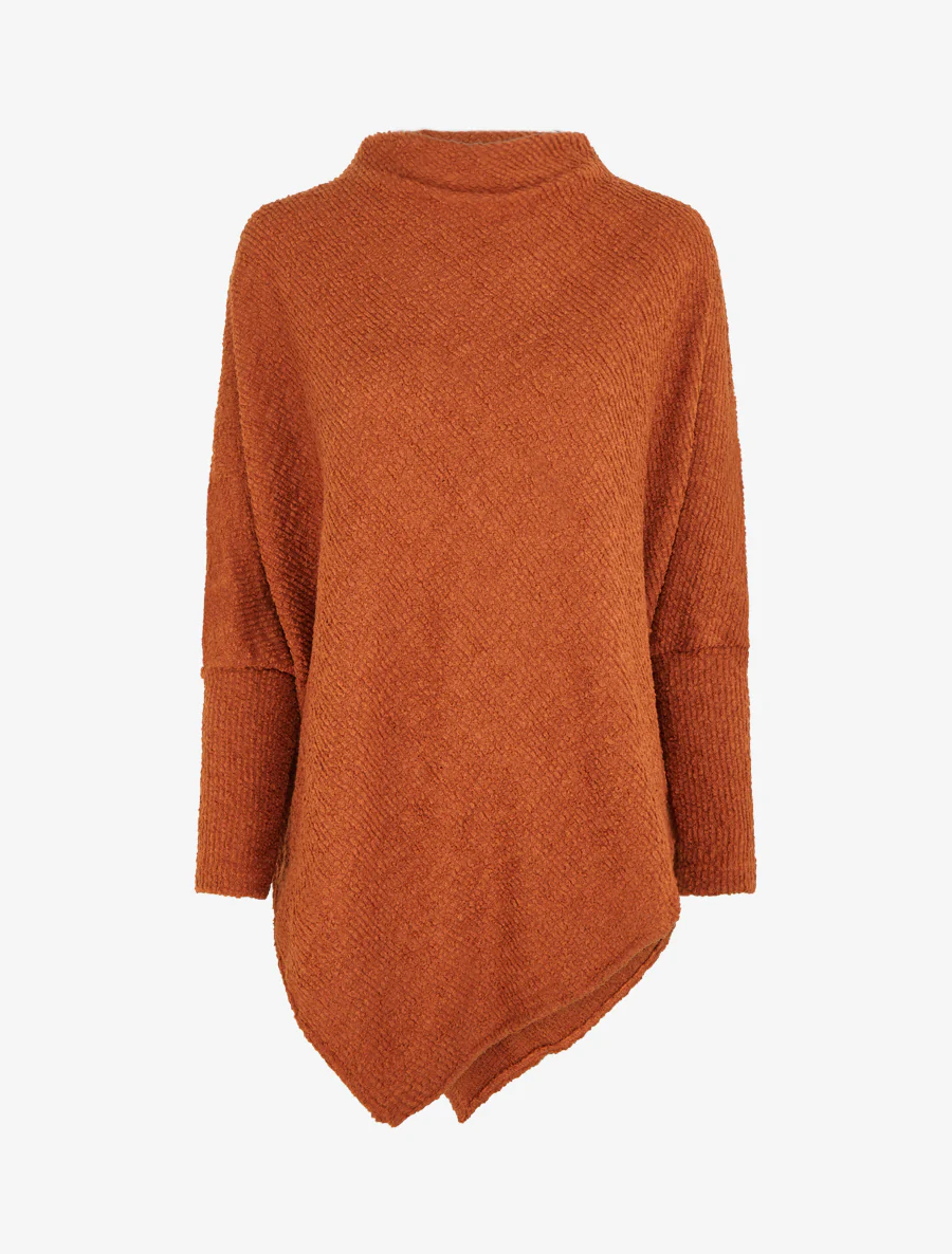 Effen gestructureerde poncho met lange mouwen - Terracotta
