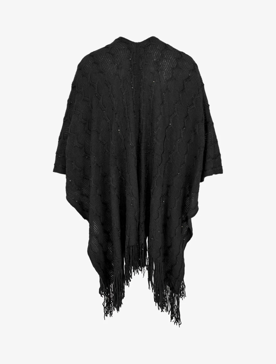 Effen middellange poncho met franjes en pailletten - Zwart - Image 2