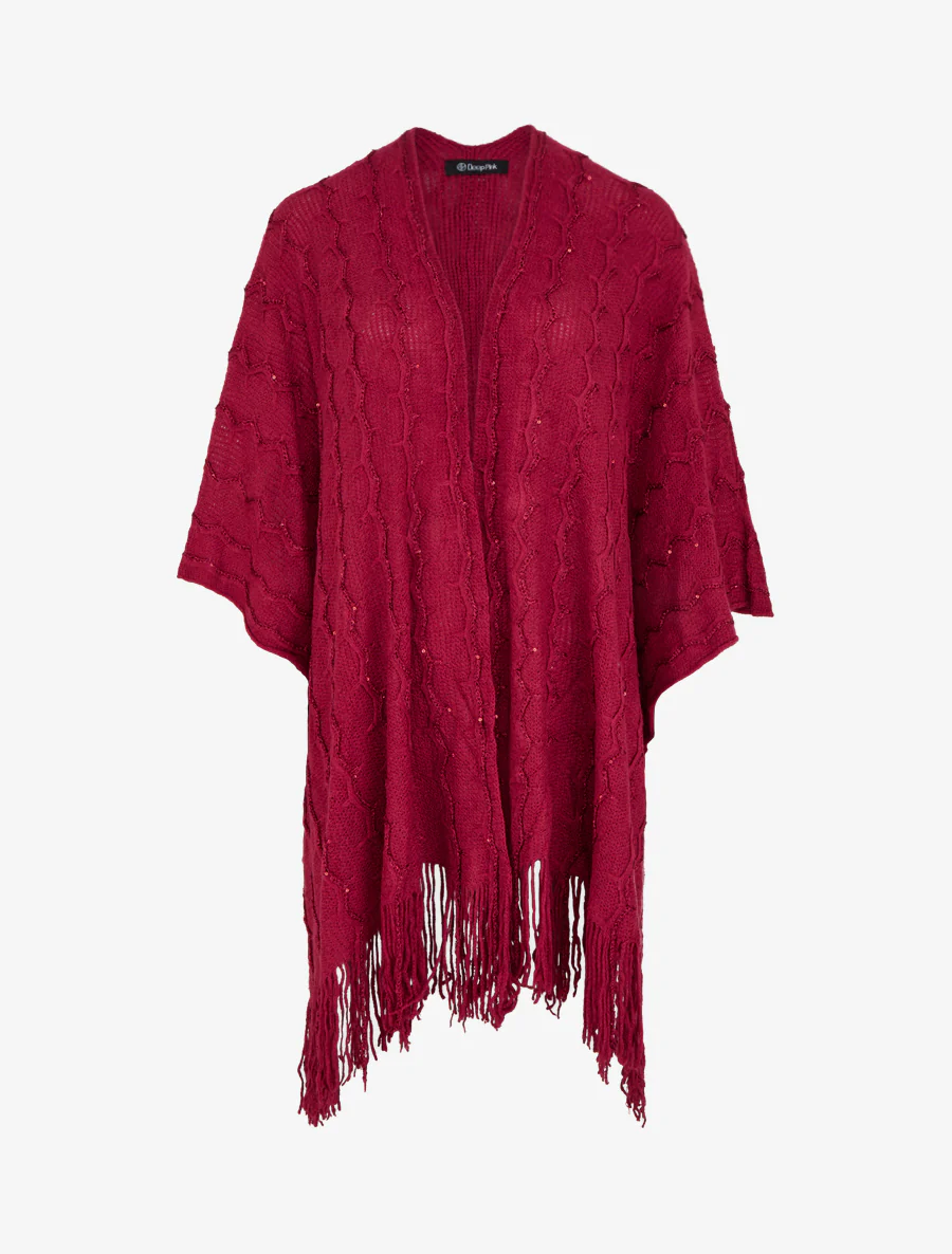 Effen middellange poncho met franjes en pailletten - Wijnrood