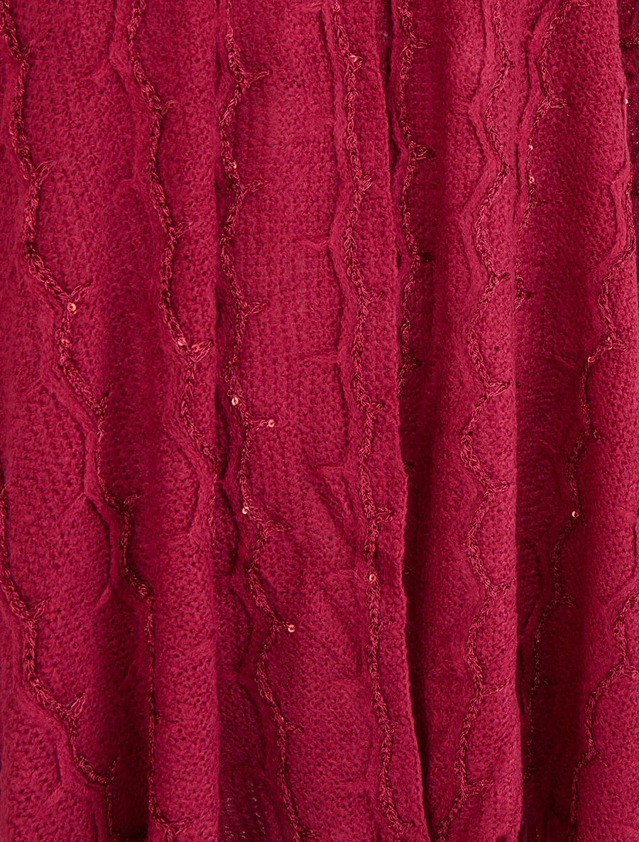 Effen middellange poncho met franjes en pailletten - Wijnrood - Image 3