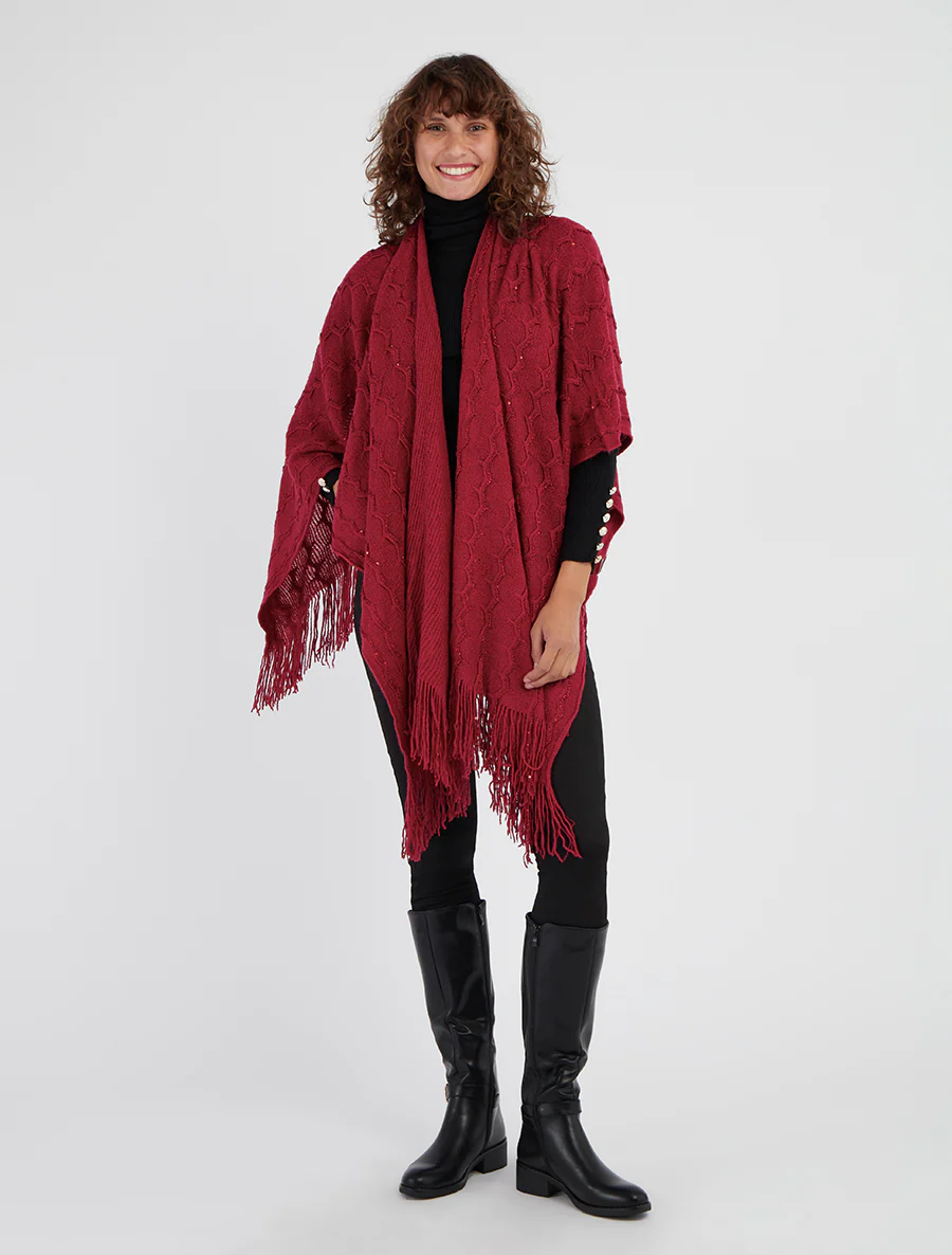 Effen middellange poncho met franjes en pailletten - Wijnrood - Image 4