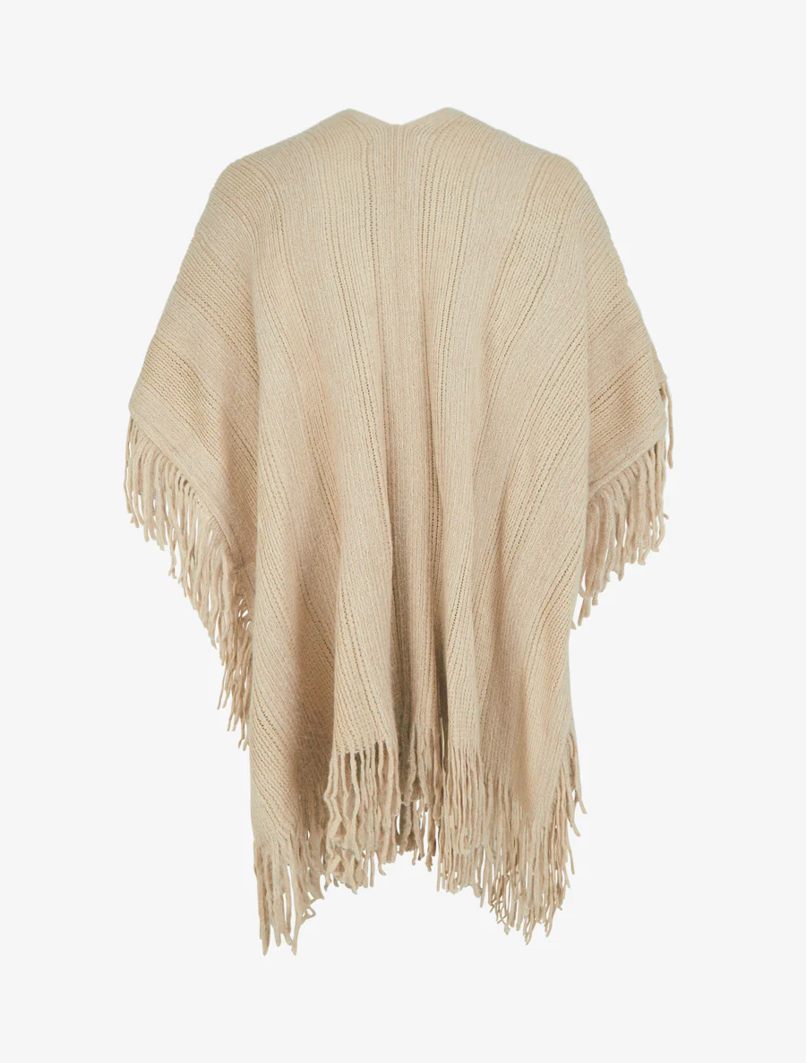 Effen middellange poncho met franjes - Beige - Image 2