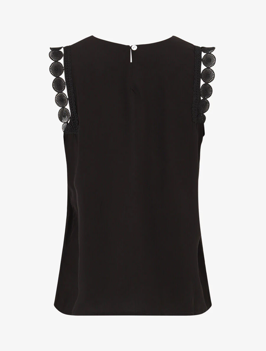 Effen mouwloze kanten top - Zwart - Image 2