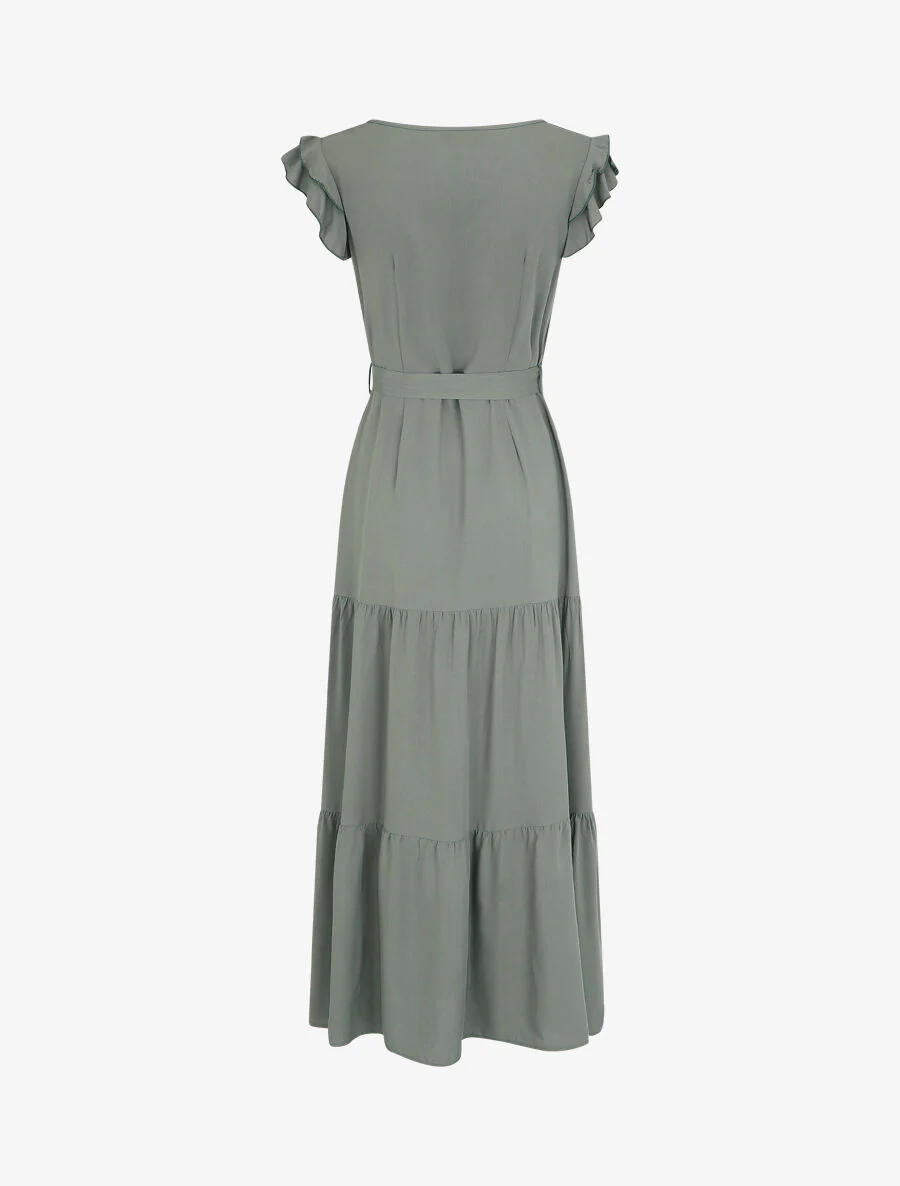 Effen mouwloze lange jurk met ruches - Khaki - Image 2